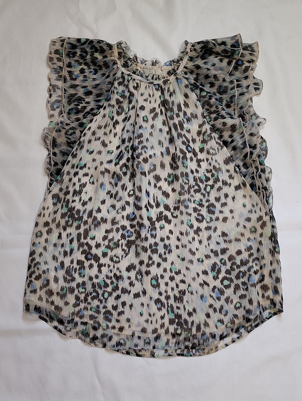 LOFT Women's Blouse Size M Leopard Print Beige Black Ruffle Sleeves Back Buttom
